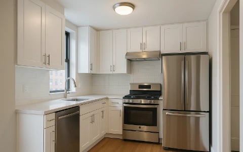 Upper East Side kitchen renovation Manhattan - co-op approved modern design with white cabinets and quartz countertops